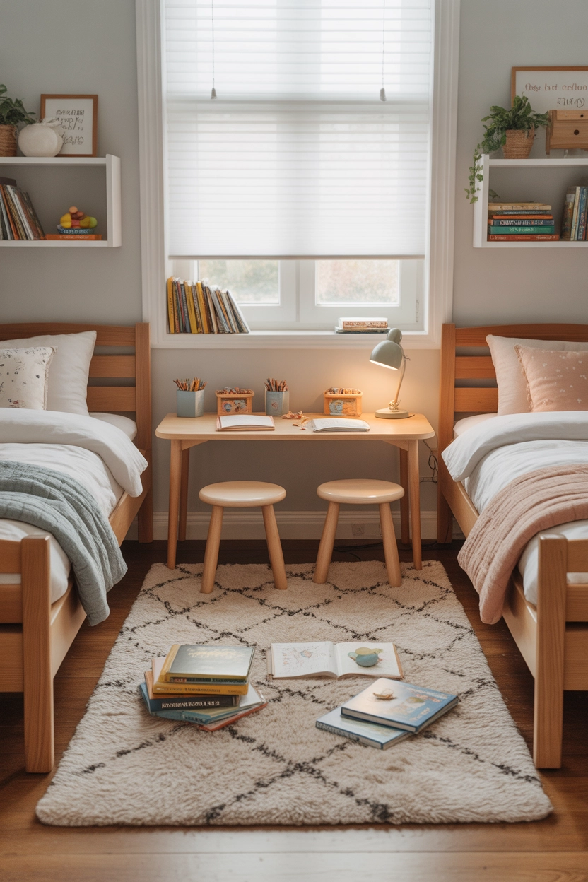 Small shared kids bedroom with twin beds and a shared play or study area featuring a table, stools, and soft rug.