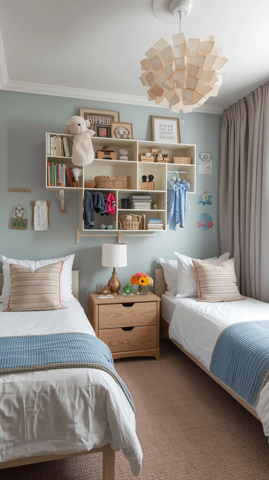 Small shared kids bedroom with floating shelves, wall hooks, and cubby storage to maximize space and keep the room tidy.