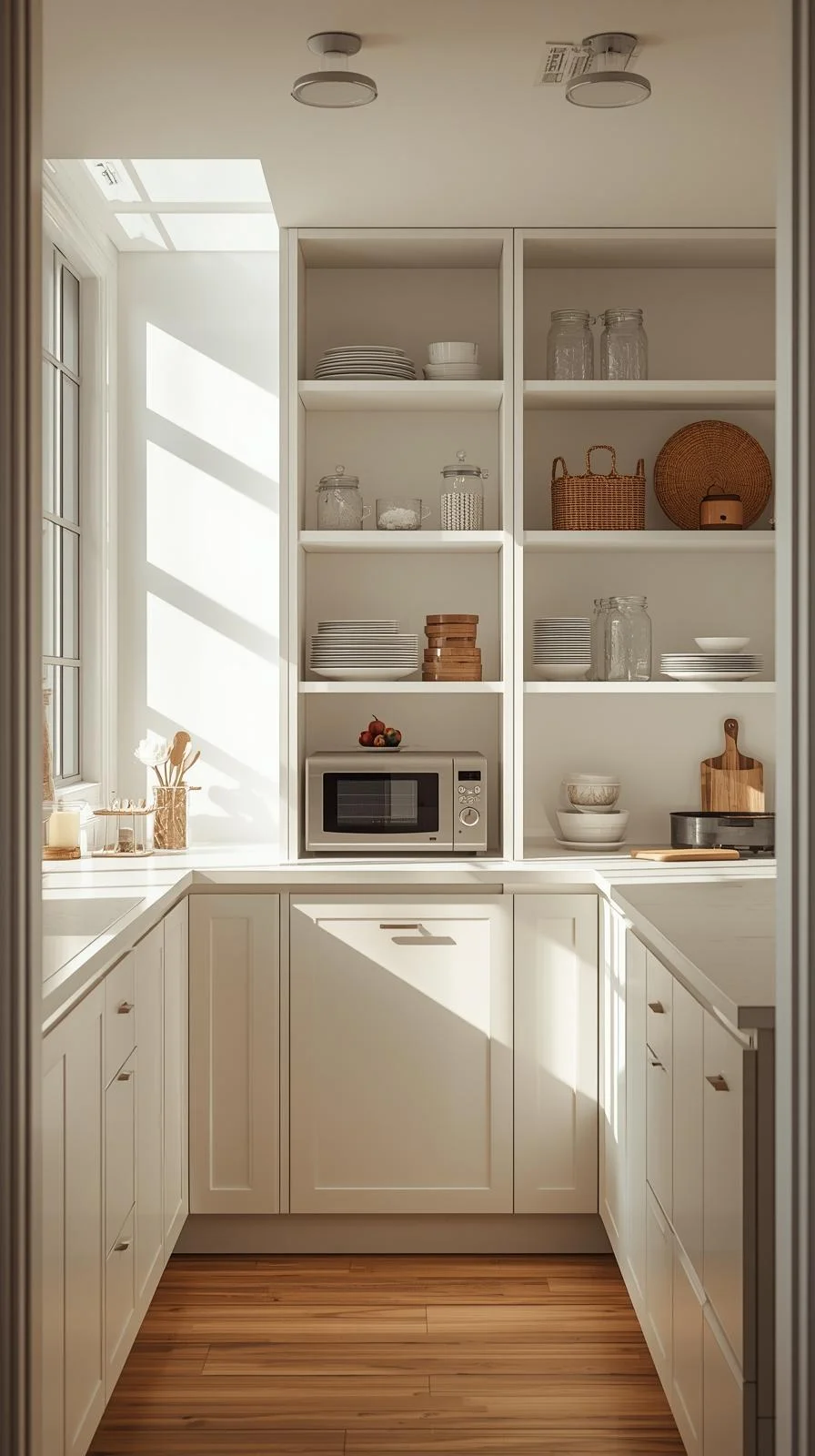Small space kitchen storage ideas with ceiling-high cabinets and open shelving for vertical organization.