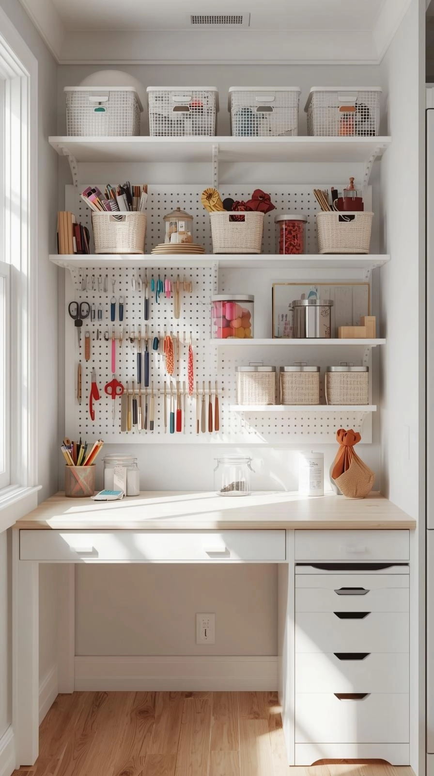 Small spaces dream craft room with vertical wall storage, shelves, pegboards, and organized craft tools.