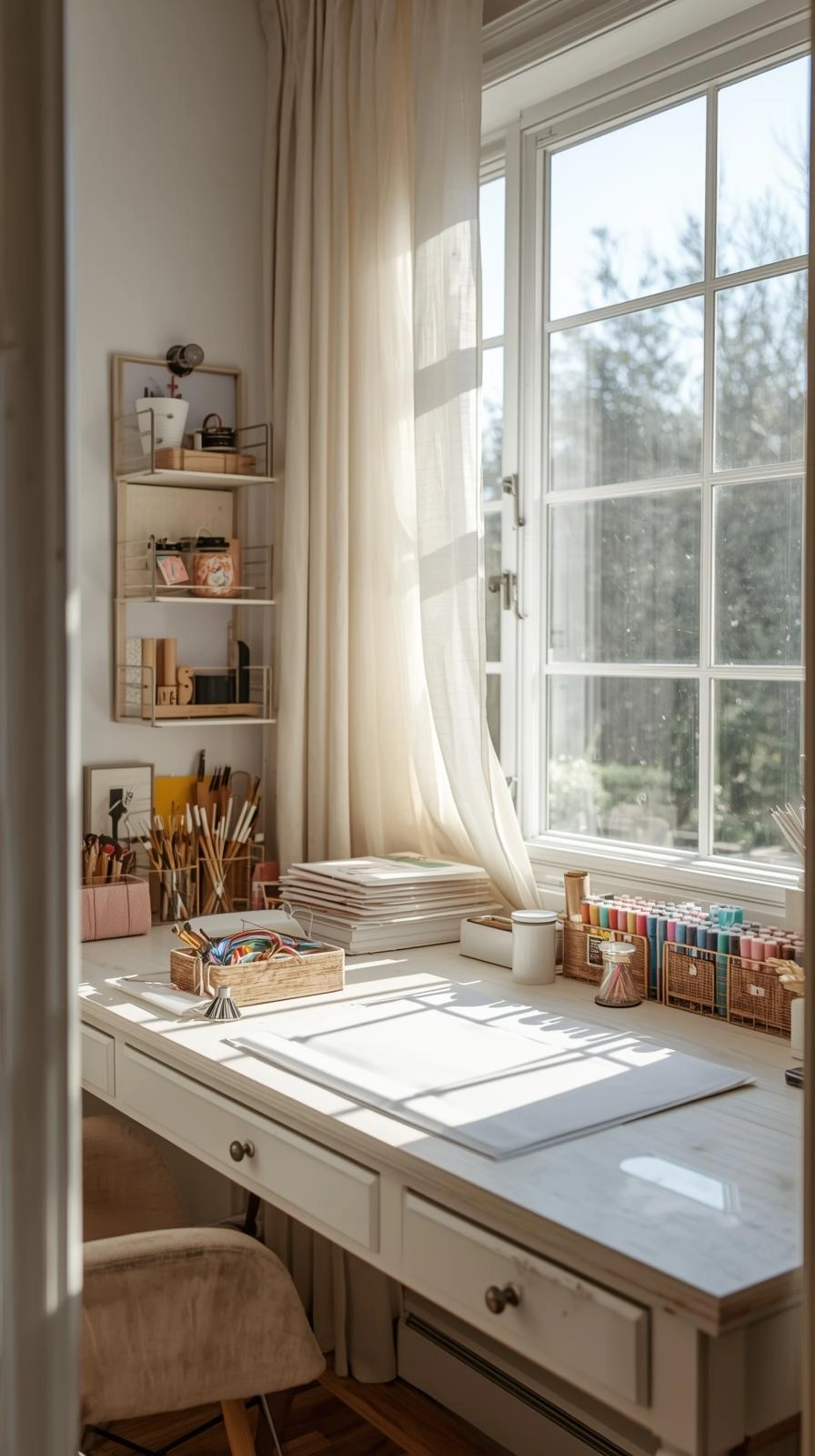 Small spaces dream craft room near window with natural daylight brightening the workspace and supplies.