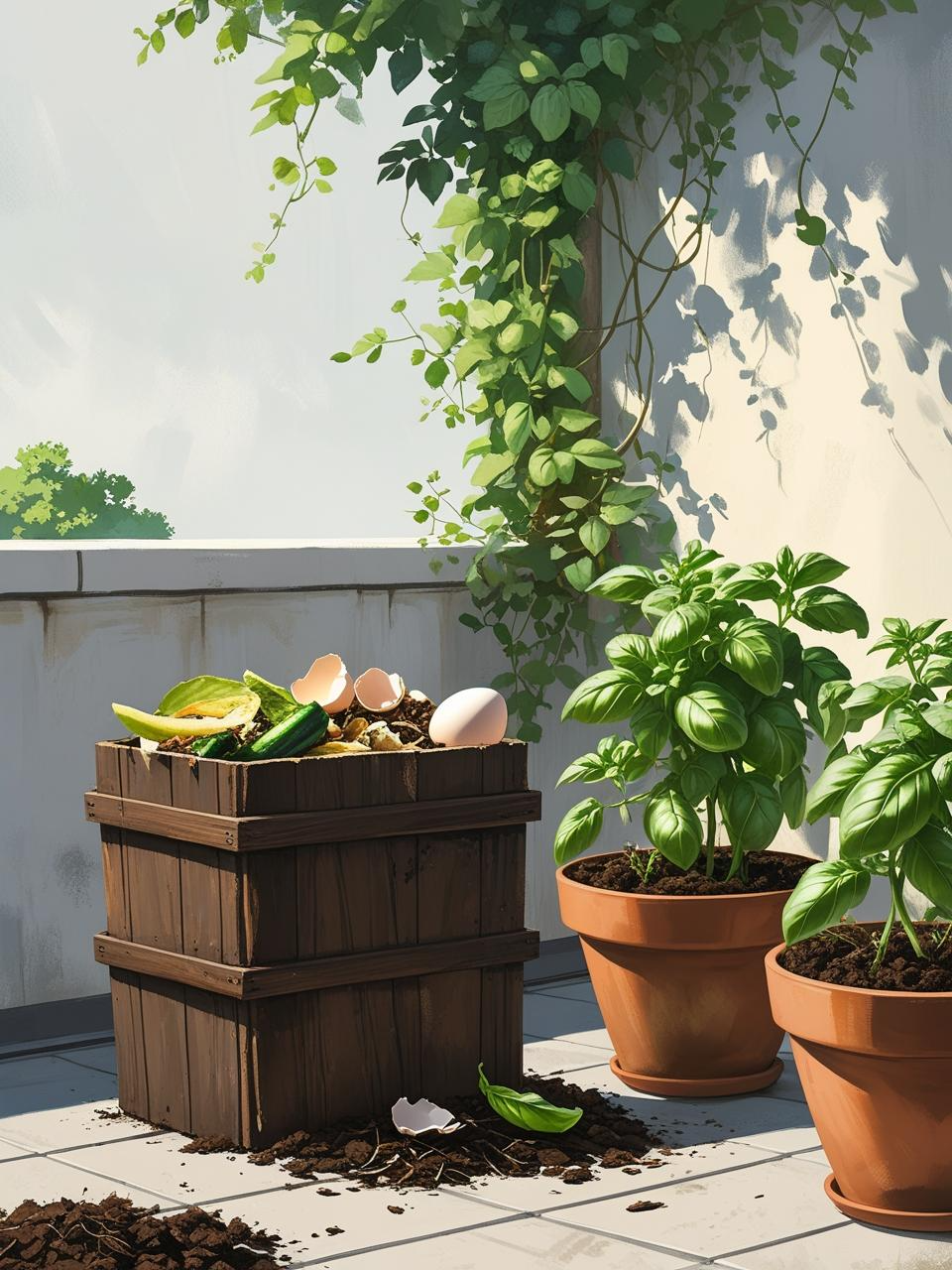 Small compost bin with kitchen scraps beside healthy potted plants in a thriving terrace garden using natural fertilizer.