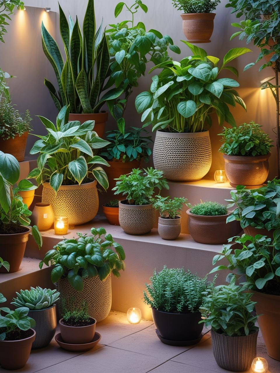 Snake plants, succulents, and herbs growing on a peaceful, thriving terrace garden designed for any lifestyle.