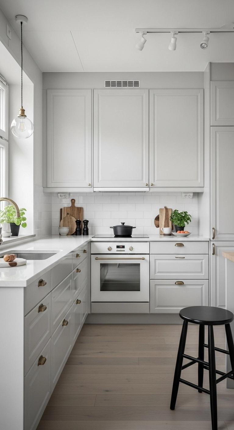 Soft white and gray tones in a calm Nordic kitchen showing peaceful and balanced Scandinavian kitchen ideas.