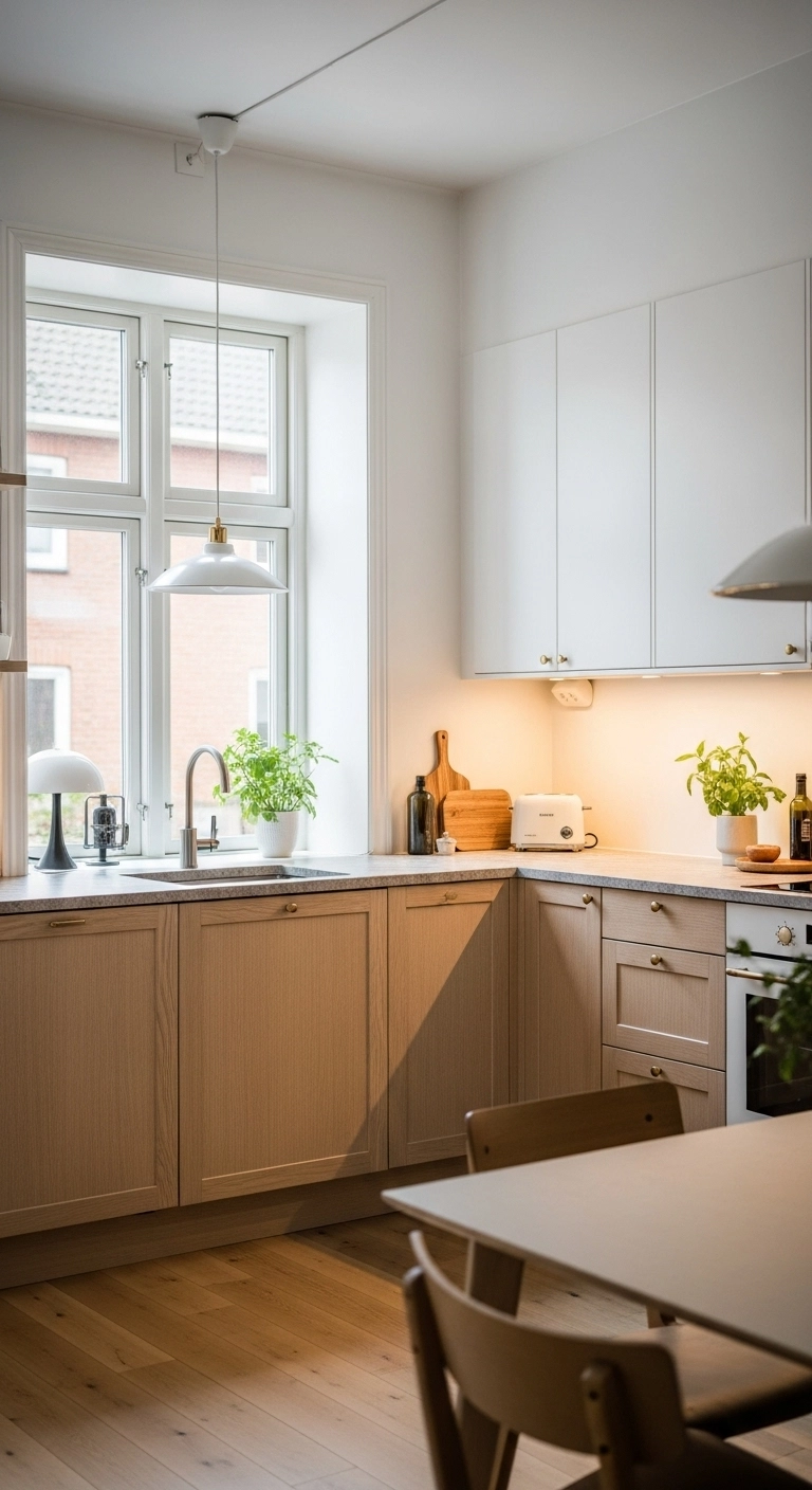 Soft natural light in a bright Nordic kitchen showcasing cozy Scandinavian kitchen ideas with light wood cabinets and simple warm lighting.