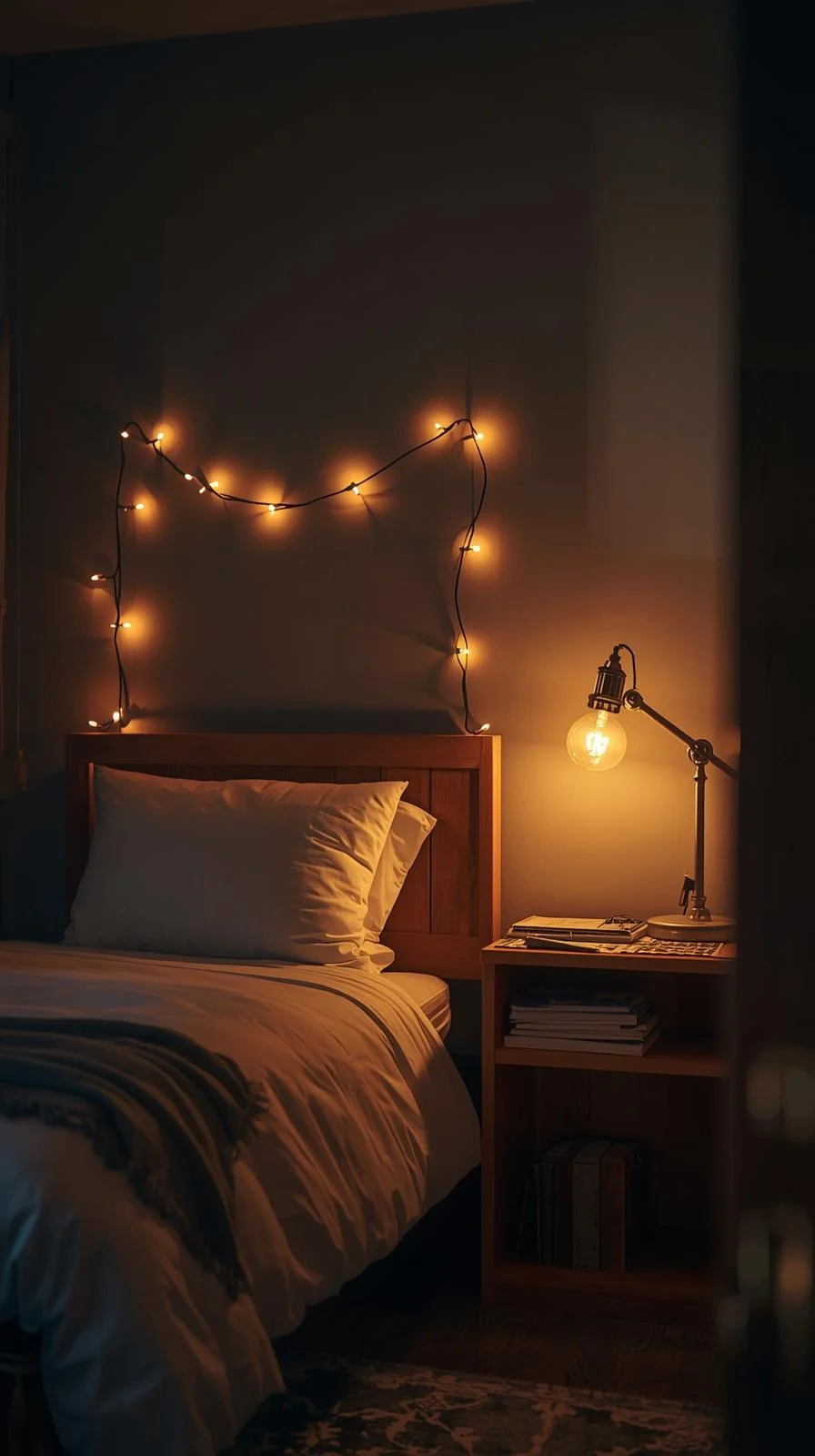 College dorm room decor ideas with string lights and a desk lamp creating soft, warm lighting for a cozy atmosphere.