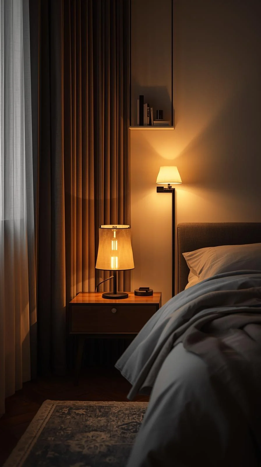 Soft lighting decor ideas for apartments bedroom with warm table lamps, floor lamp, and layered cozy design.