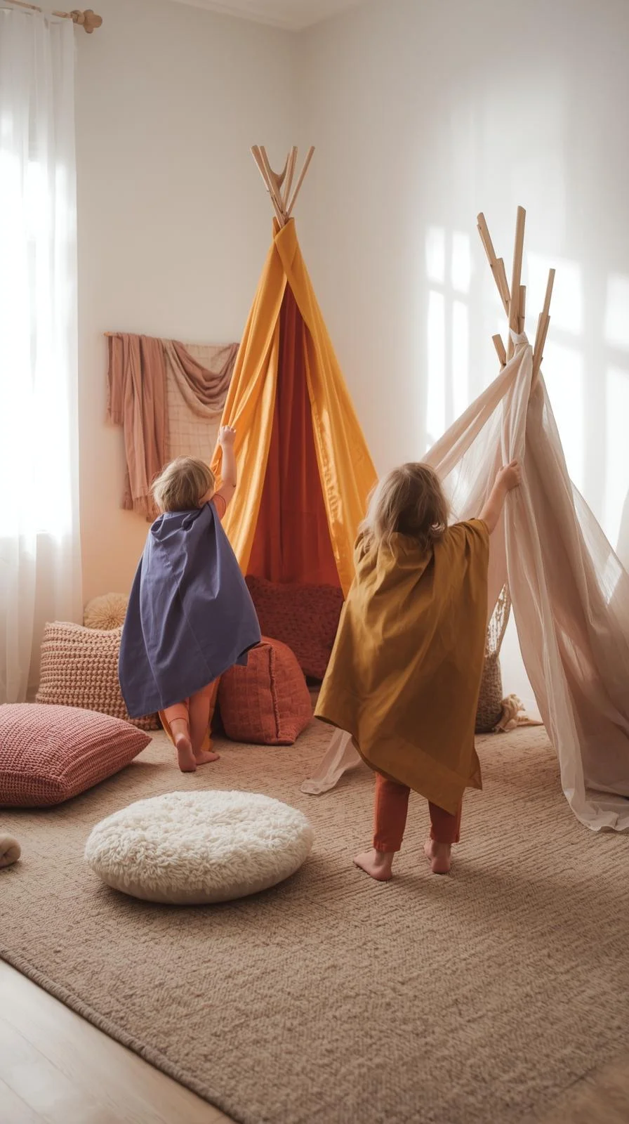 Waldorf playroom with play silks, wool rugs, and knitted pillows creating comfort and imaginative play.