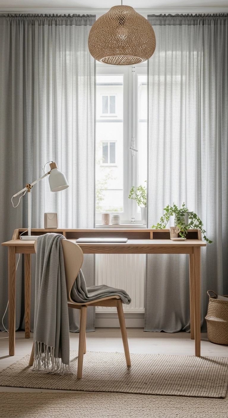 A Scandinavian home office with soft textures like a woven rug, linen curtains, and a throw on the chair for added comfort.