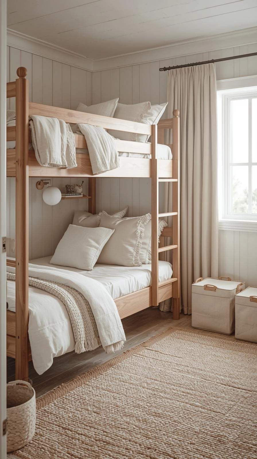 Cozy bunk bedroom decor ideas with soft textures, cotton quilts, knitted throws, and linen pillows adding warmth and comfort.