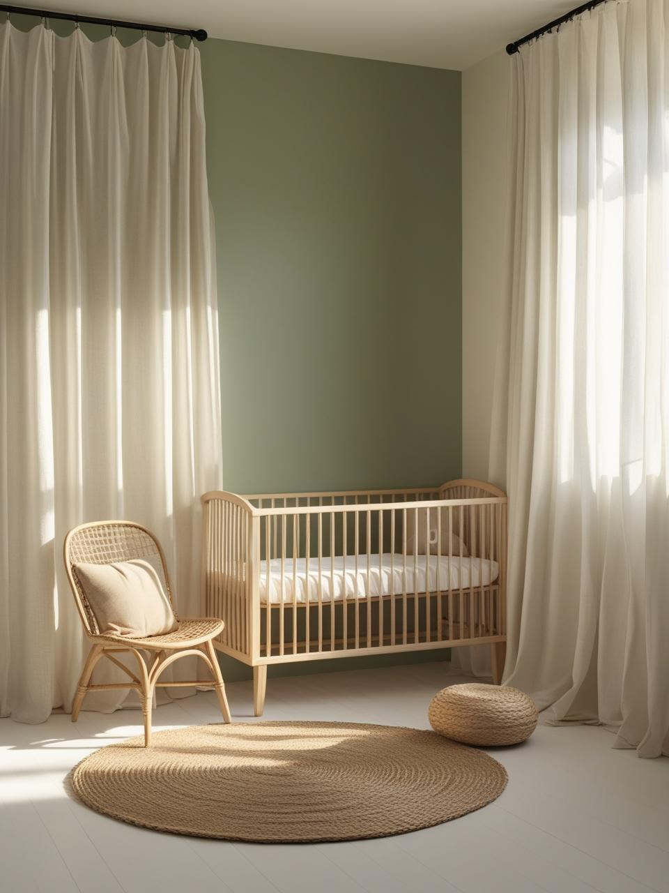 Soft and cozy dreamy sage green nursery with a sage feature wall, cream surroundings, wooden crib, and warm natural light.