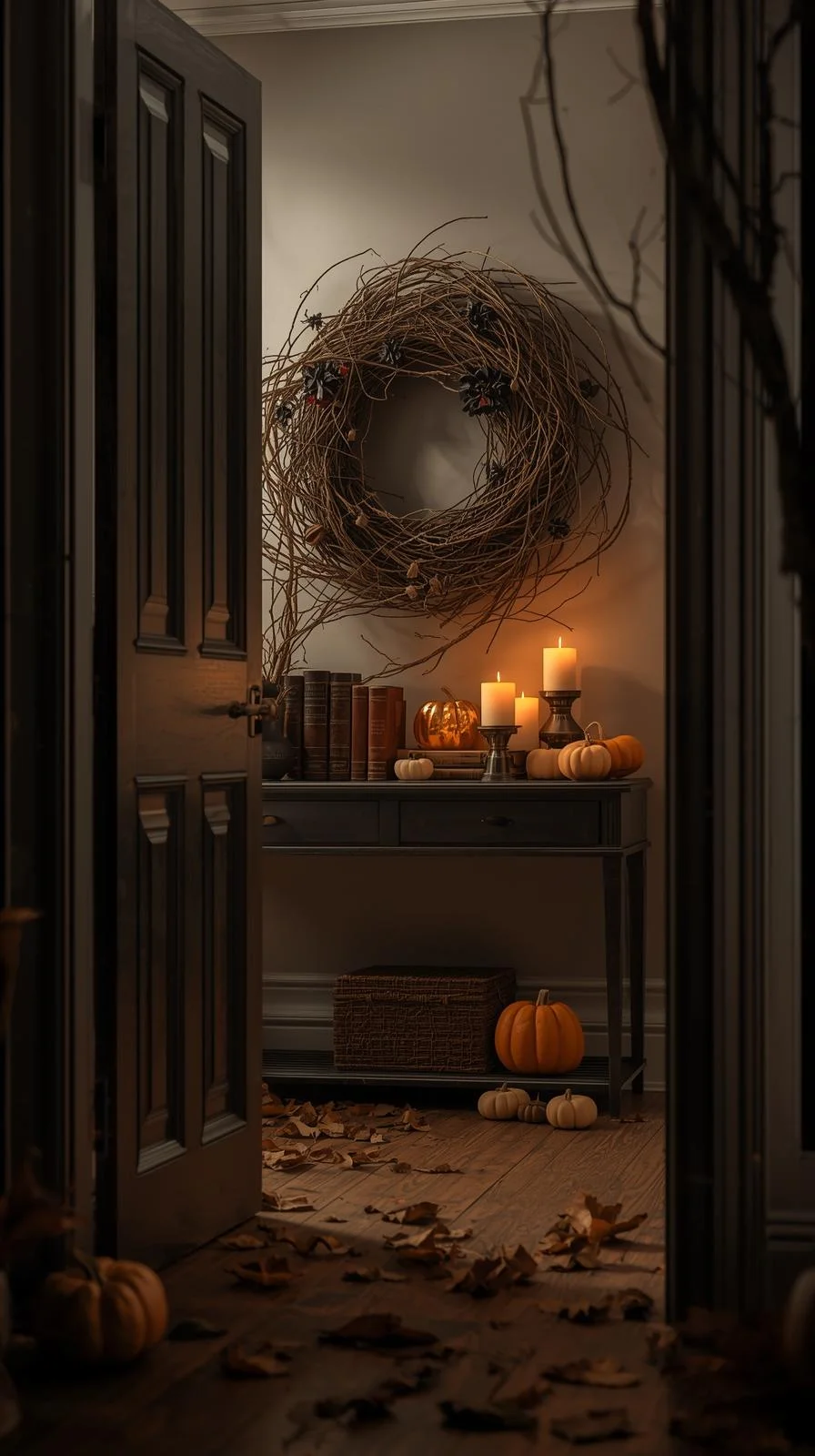 Entryway with wreath, candles, and pumpkins styled for spooky season home decor.