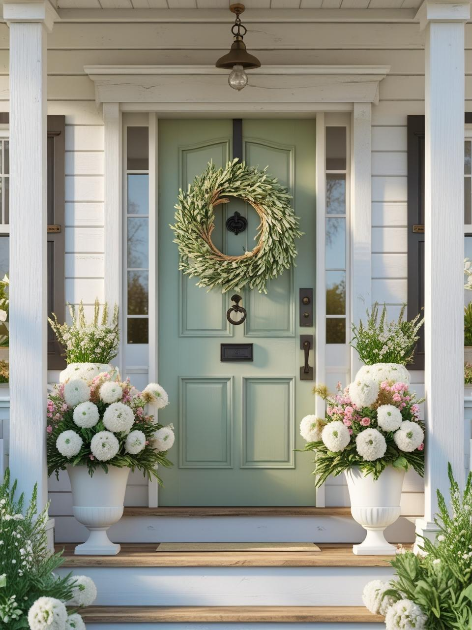 Spring refresh for a farmhouse porch with aged brass hardware, boxwood wreath, and bold house numbers.