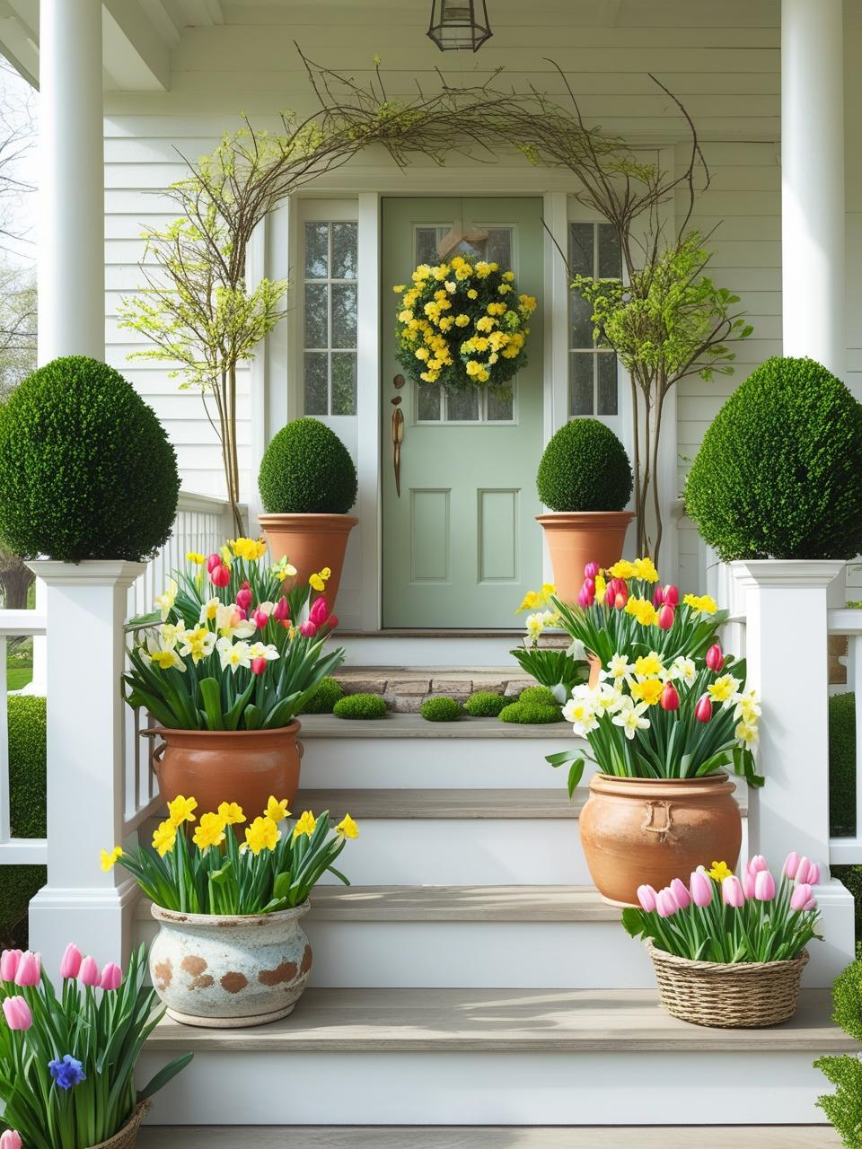 Spring refresh for a farmhouse porch with boxwood shrubs, tulips, daffodils, and primroses in terracotta and woven pots