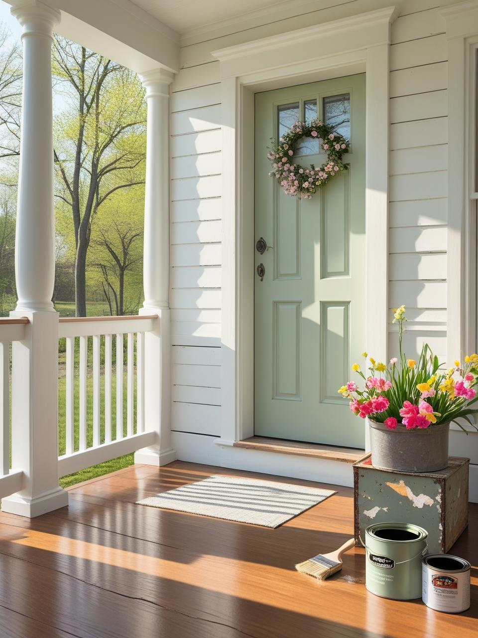 Spring refresh for a farmhouse porch with fresh paint, sealed flooring, and updated weatherstripping.