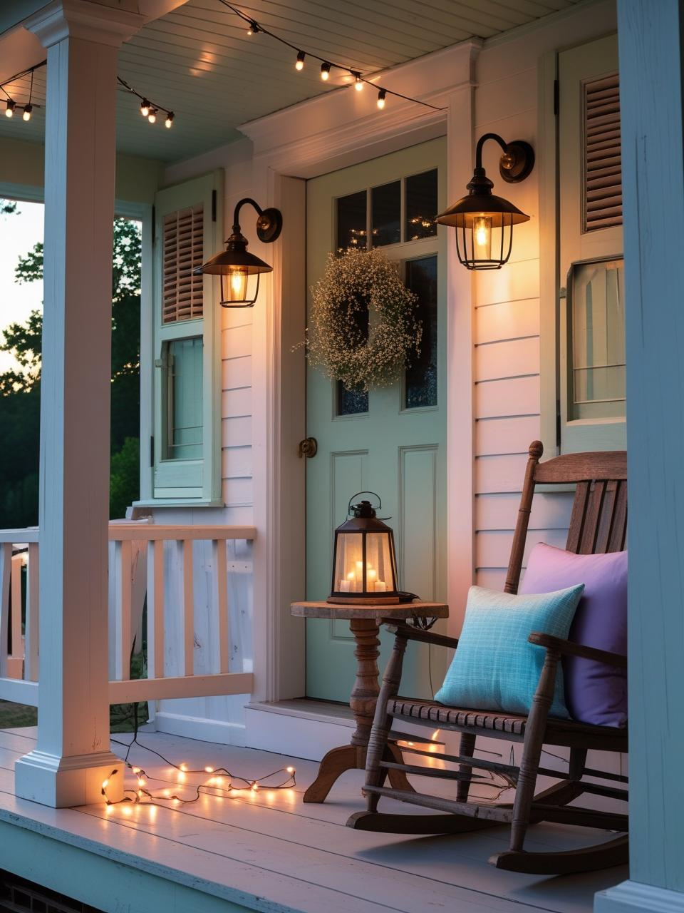 Spring refresh for a farmhouse porch with gooseneck sconces, lantern pendant, and string lights for a cozy evening glow.