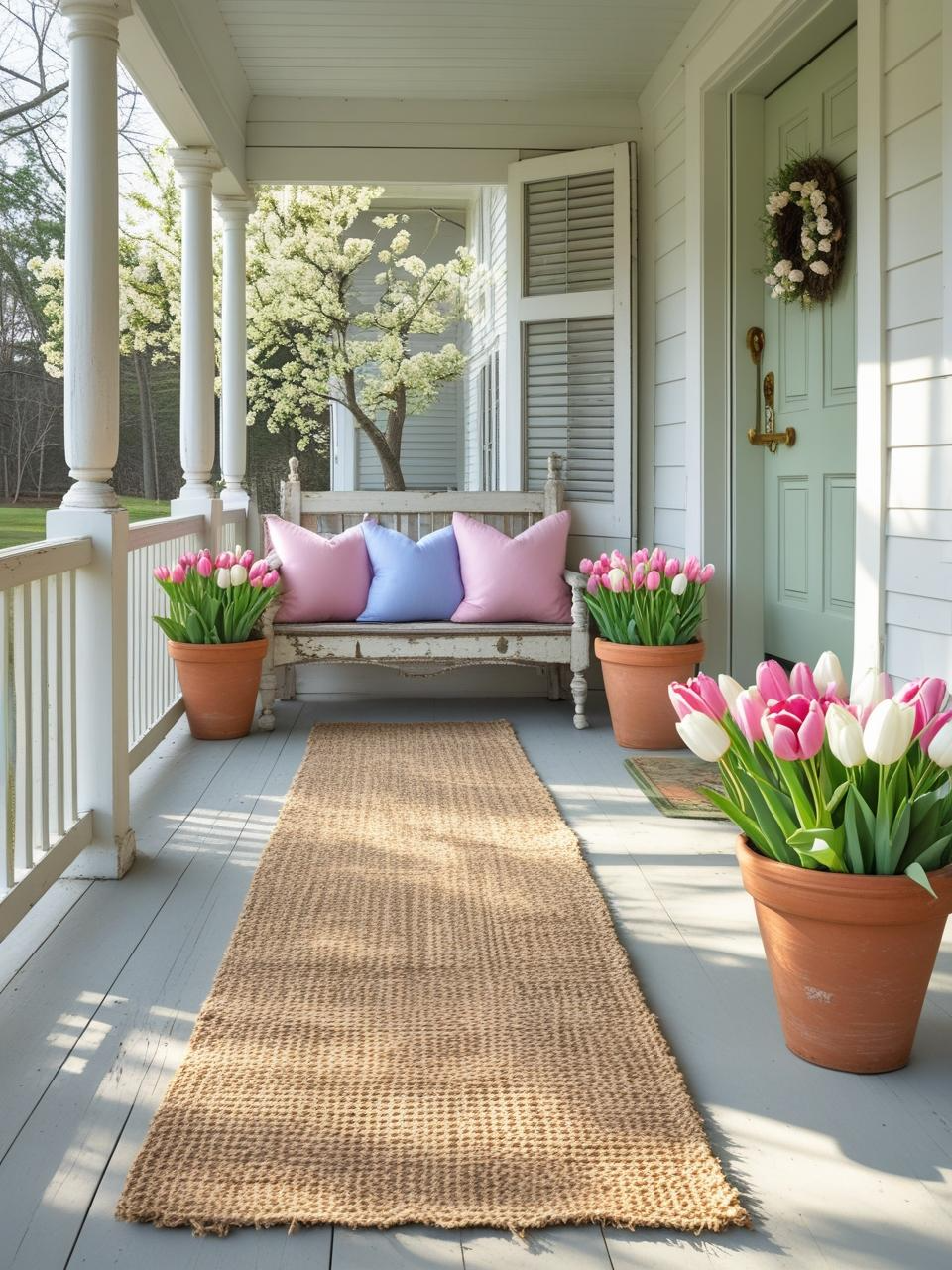 Spring refresh for a farmhouse porch with jute rug and patterned runner to define seating and entry areas