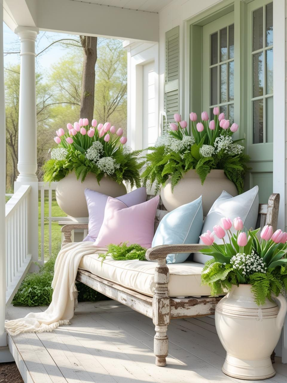 Spring refresh for a farmhouse porch with neutral base furniture, pastel accents, and fresh tulip bouquet.