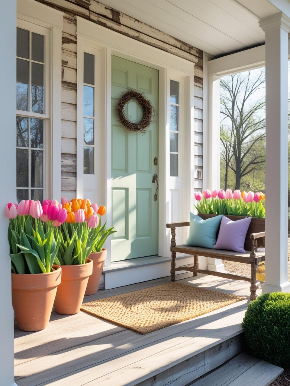 Spring refresh for a farmhouse porch with painted door, new cushions, and fresh welcome mat.