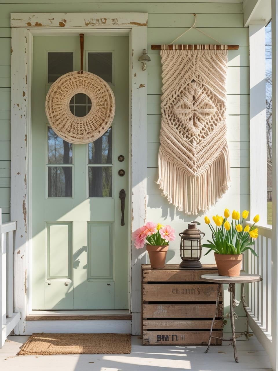 Spring refresh for a farmhouse porch with vintage crate, potted plant, lantern, and woven wall hanging.
