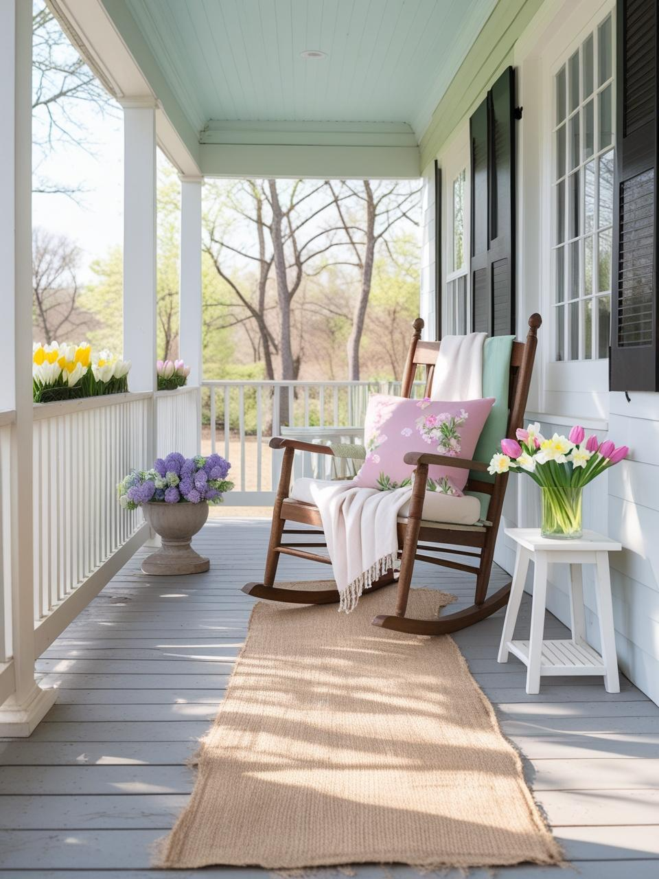 Spring refresh for a farmhouse porch with pastel cushions, light throw, and woven runner for a cozy seasonal vibe