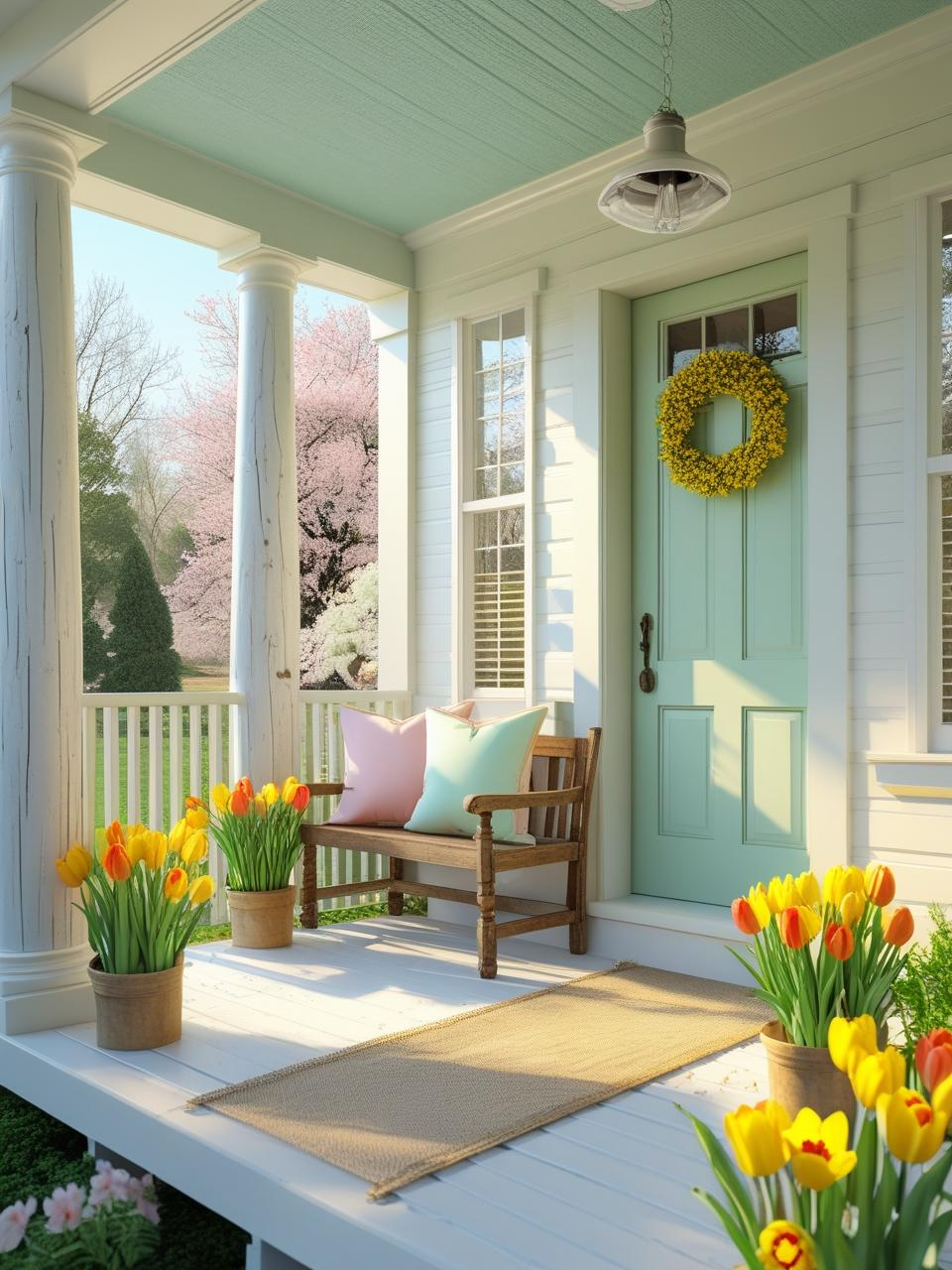 Spring refresh for a farmhouse porch with pale sage door, white pillars, pastel pillows, and potted spring flowers