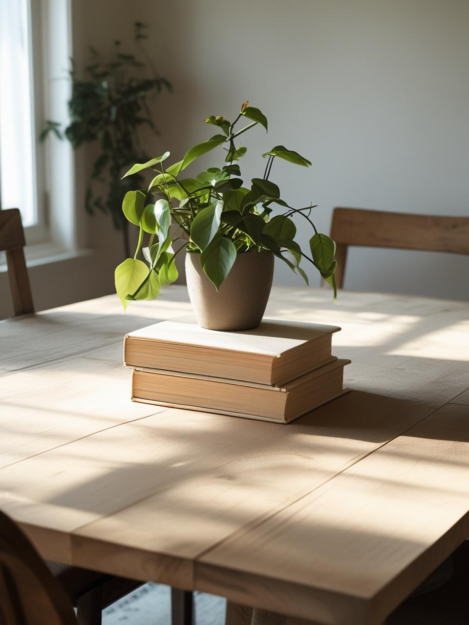 Stacked books with a small potted plant centerpiece on a dining room table – Dining Room Table Centerpiece Ideas.