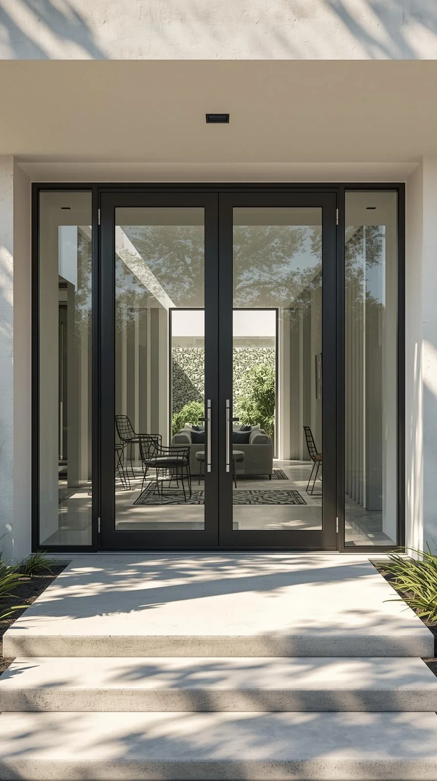 Modern steel-framed glass double door entryway with slim black frames and clear panes letting in natural light.