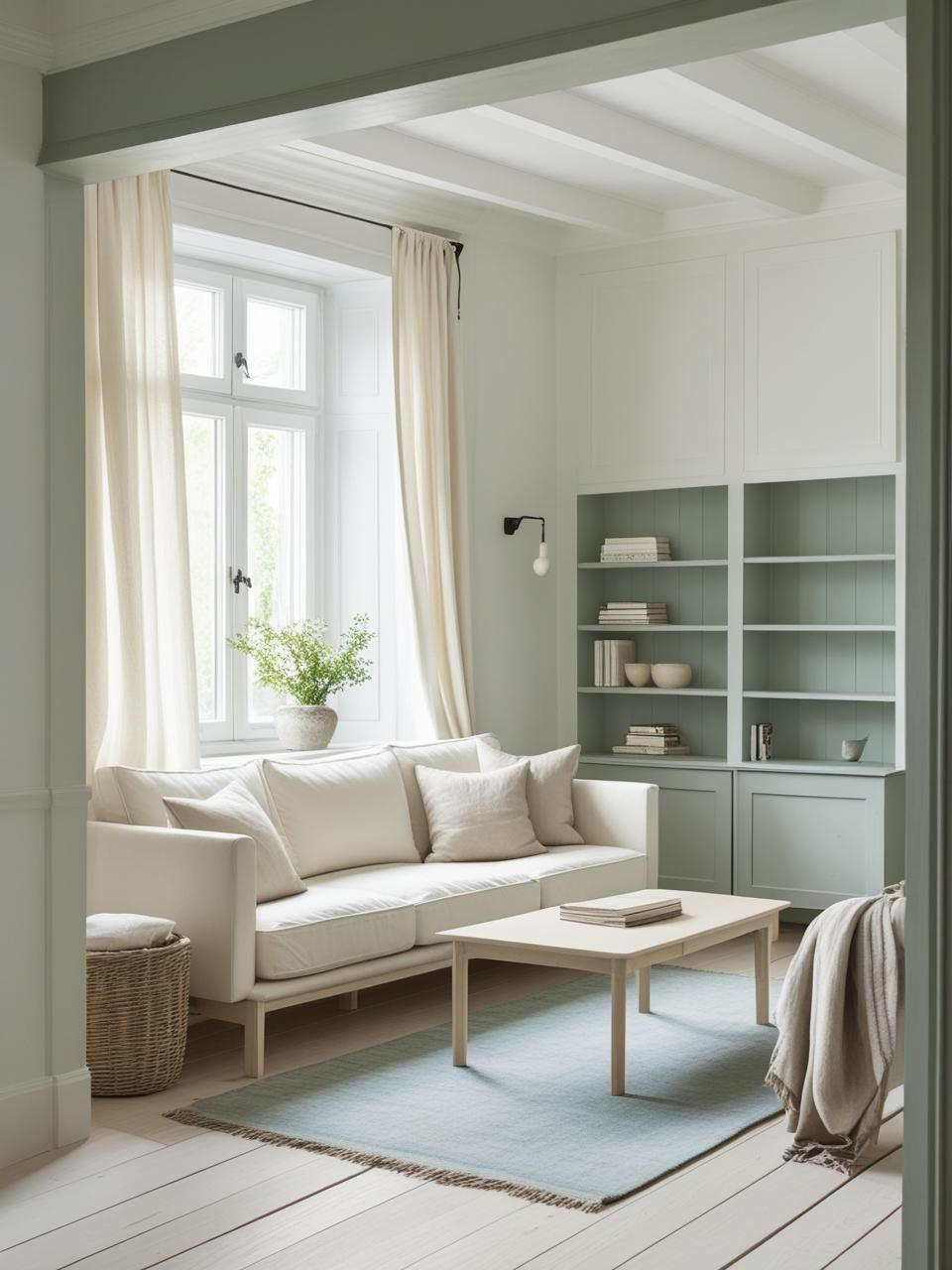 Stockholm style room with a calm color palette of whites, creams, soft grays, and muted blues for a serene Scandinavian feel.