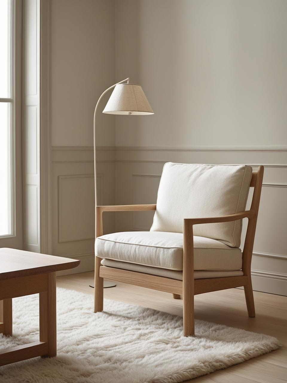 Stockholm style room with a single high-quality armchair, solid wood table, and minimal decor for a timeless Scandinavian look.