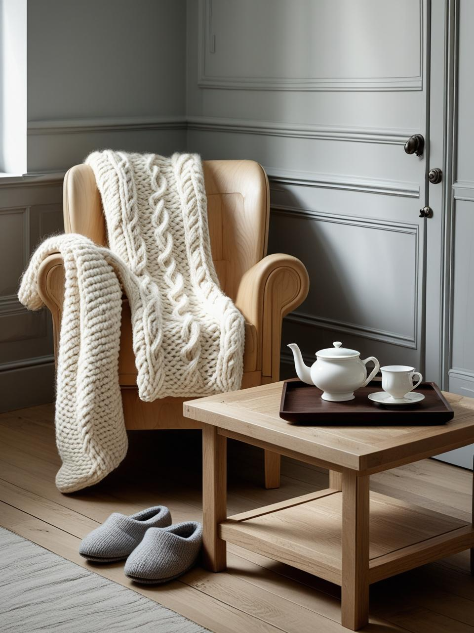 Stockholm style room with a throw blanket, tea tray, and slippers adding warmth and everyday comfort to a Scandinavian space