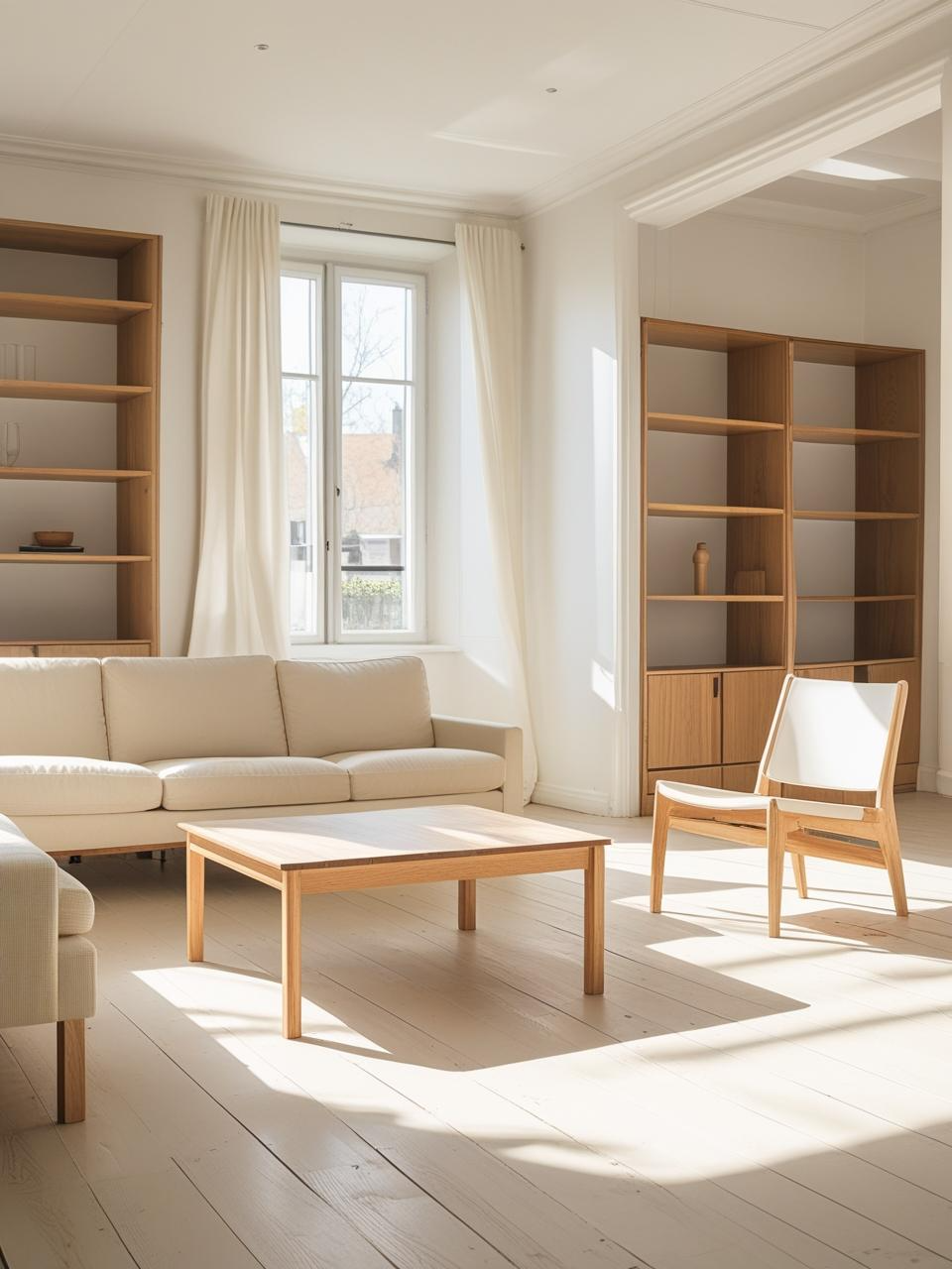 Stockholm style room with airy furniture, visible sofa legs, slim oak table, and open shelving for a light Scandinavian look.