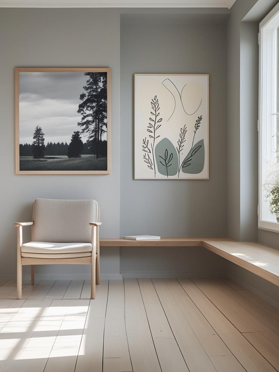 Stockholm style room with black-and-white photography, line drawings, and abstract prints in simple frames for a serene look.