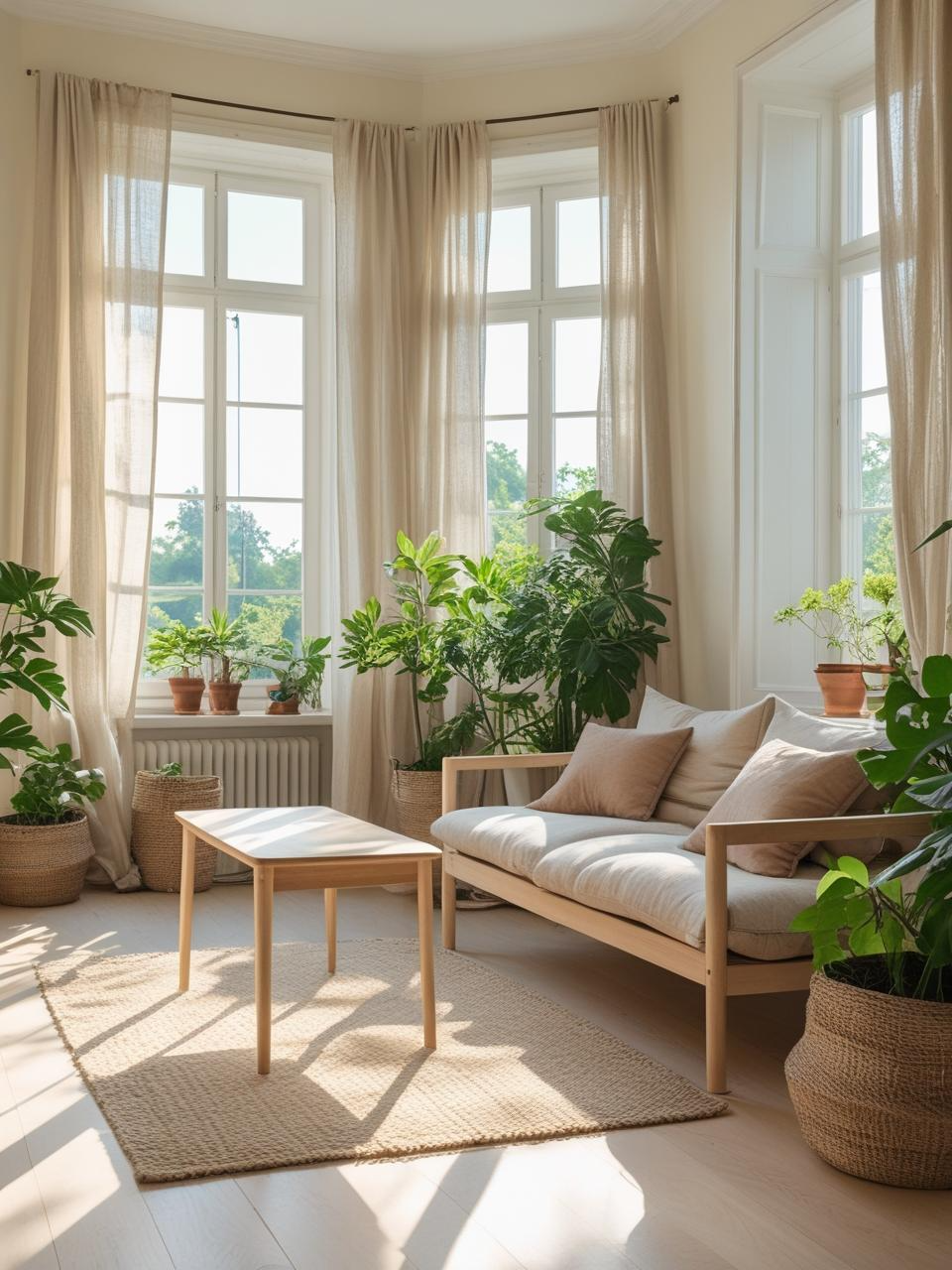 Stockholm style room with large windows, sheer curtains, and natural light reflecting off pale walls for a bright, airy feel.