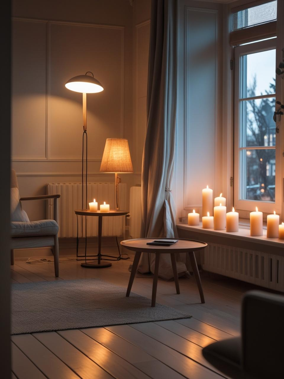 Stockholm style room with layered lighting including overhead light, floor lamp, table lamp, and candles for a cozy glow.