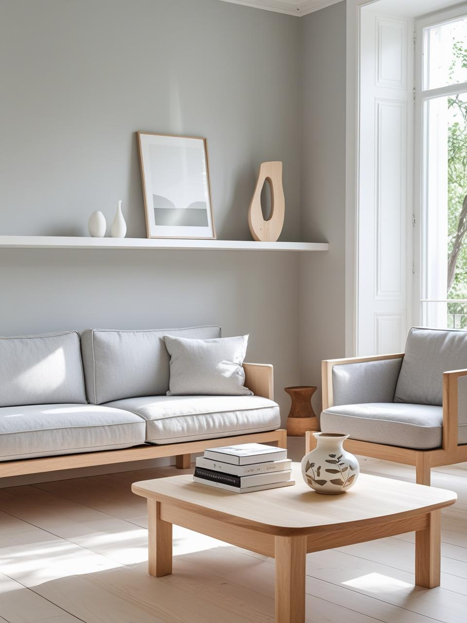 Stockholm style room with minimal, lived-in surfaces featuring a few curated books, art, and decor for a tidy Scandinavian look.