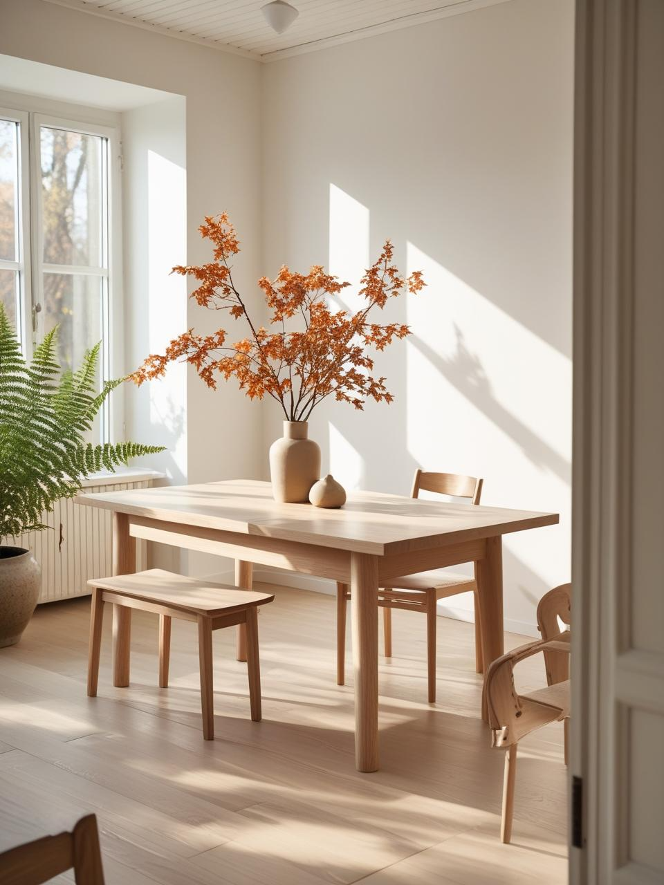 Stockholm style room with plants, seasonal branches, and natural wood finishes for a fresh Scandinavian atmosphere.