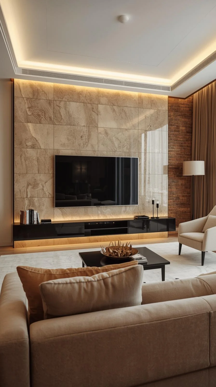 Large TV mounted on a stone or brick accent wall in a modern living room with cozy, natural textures.