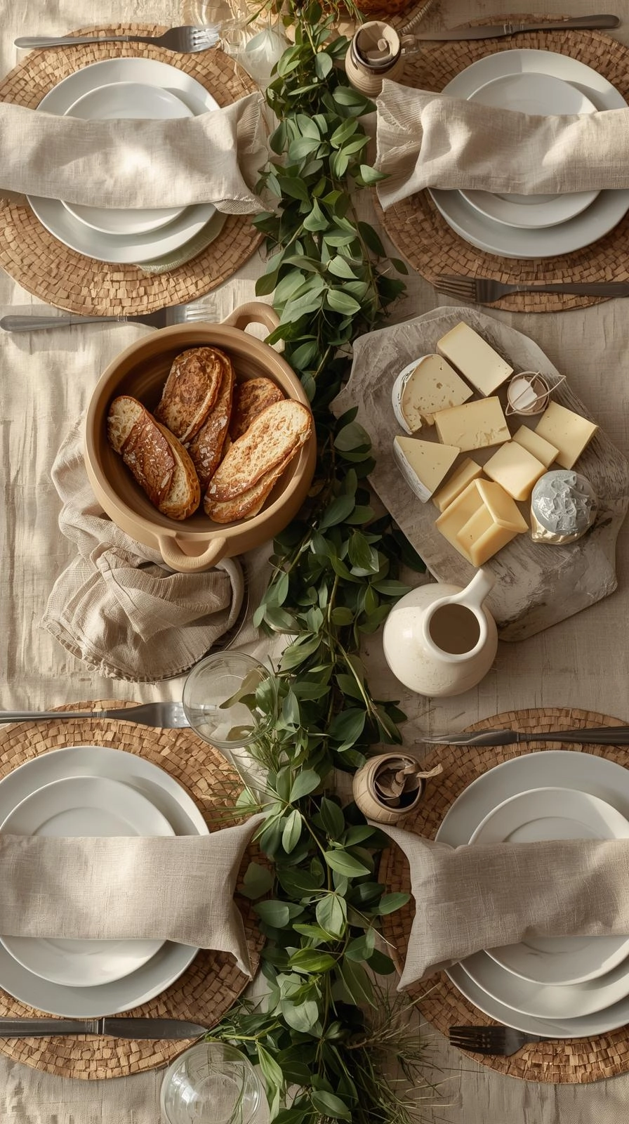Fun natural table settings ideas with stone platter for cheese, clay bowl of bread, and ceramic jug adding earthy texture to dining.
