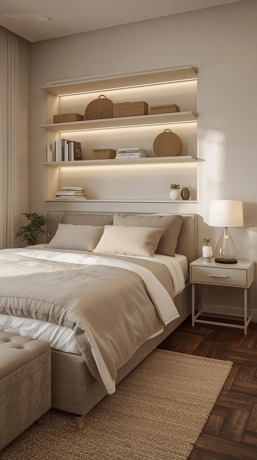 Storage decor ideas for apartments bedroom with under-bed bins, ottoman, and wall shelves keeping the space clutter-free.