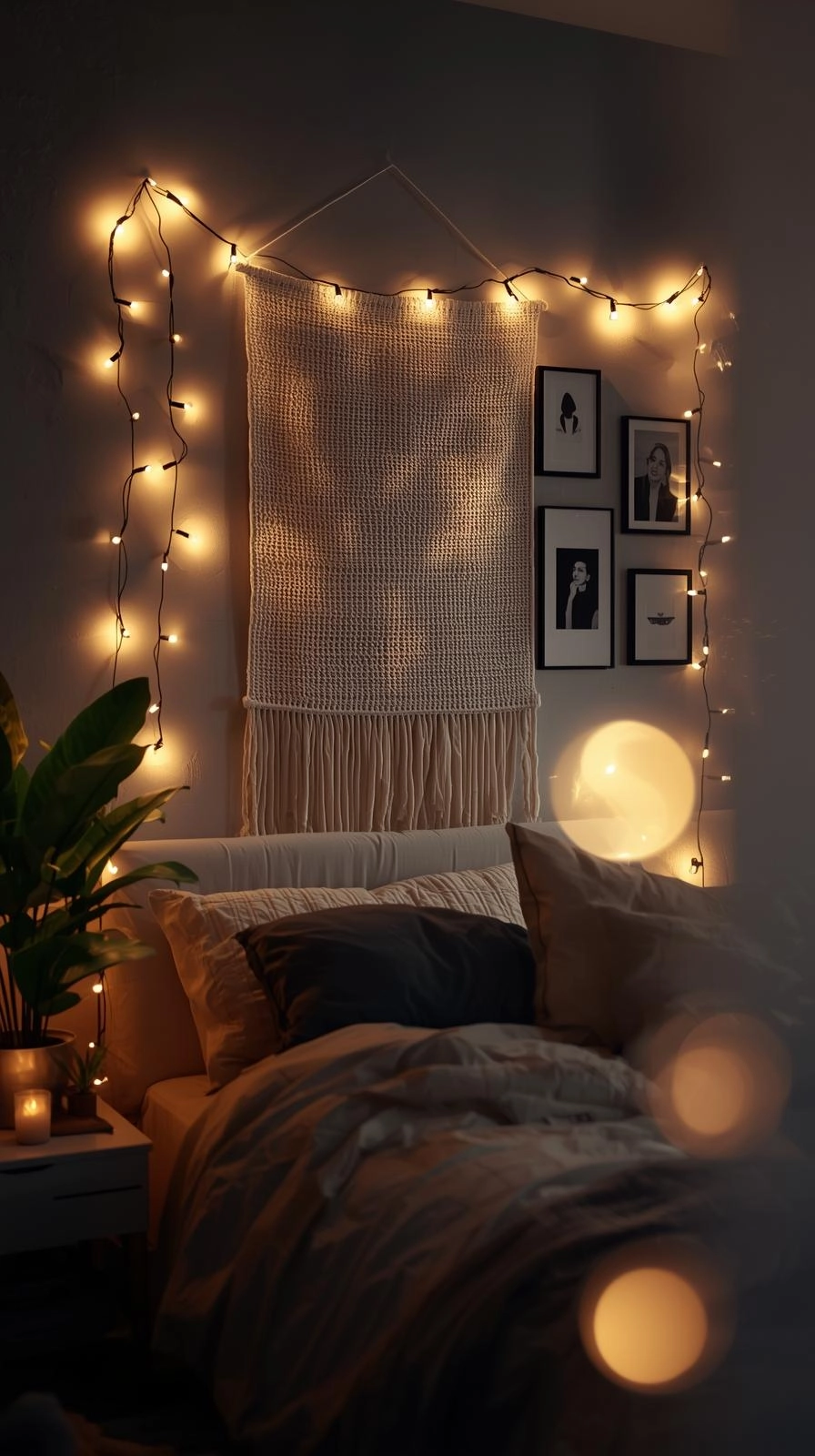 Decorating ideas for bedroom walls with string lights draped above the bed for a warm atmosphere.