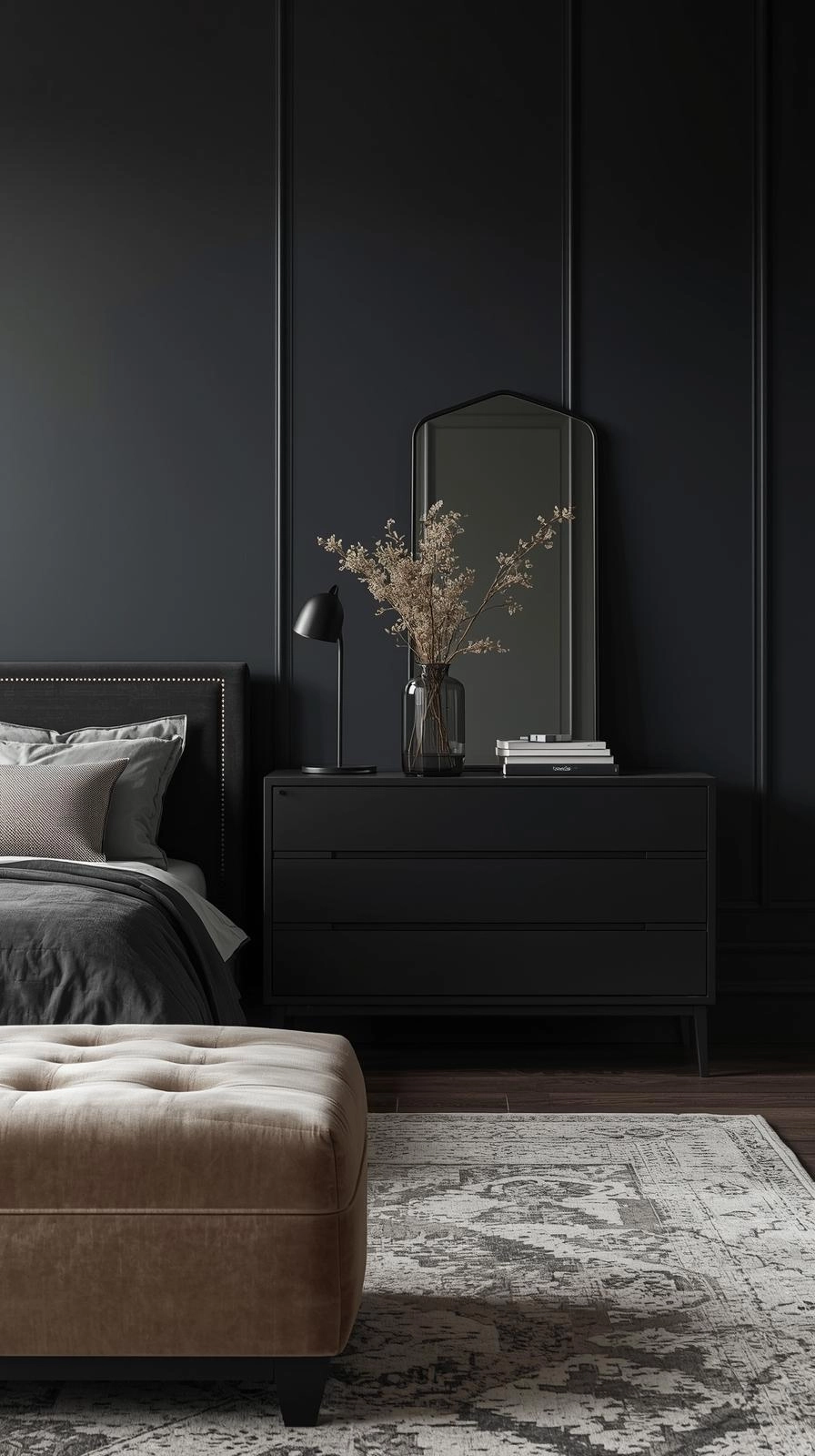 Dark feminine bedroom with simple dark wood furniture, clean lines, and soft neutral upholstery.