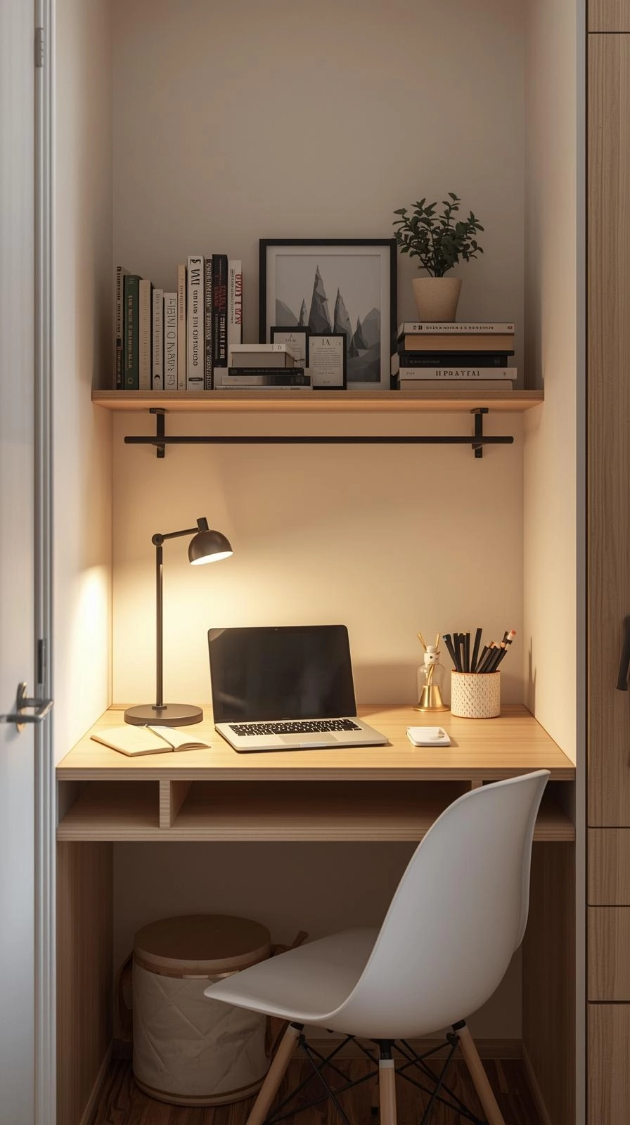 Girls dorm room study corner with desk, laptop, shelf, and warm lighting showing organized and focused dorm study setup ideas.