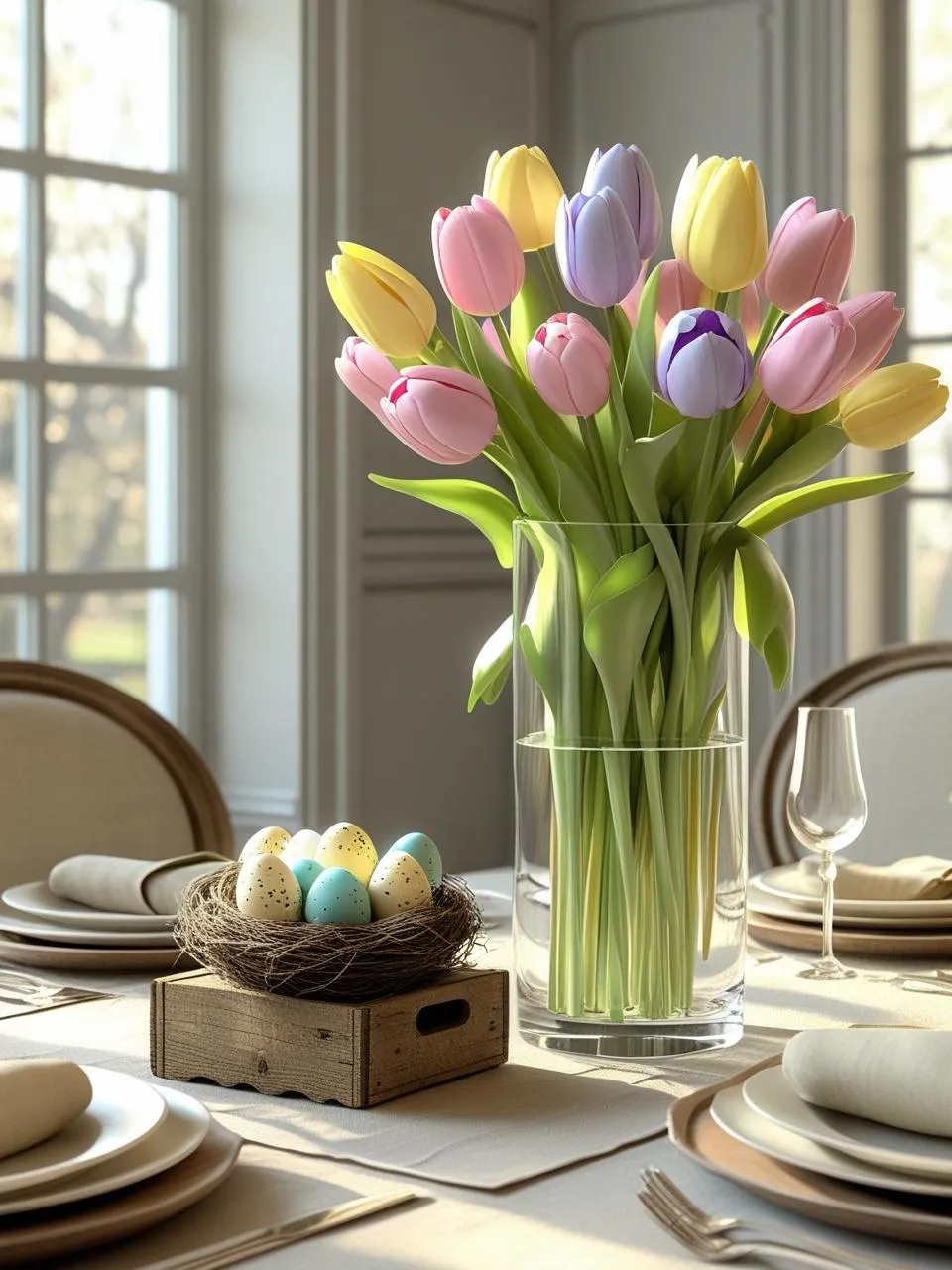 Stunning Easter centerpiece idea with pastel tulips in a tall vase and a rustic crate with a nest of speckled eggs on a spring table