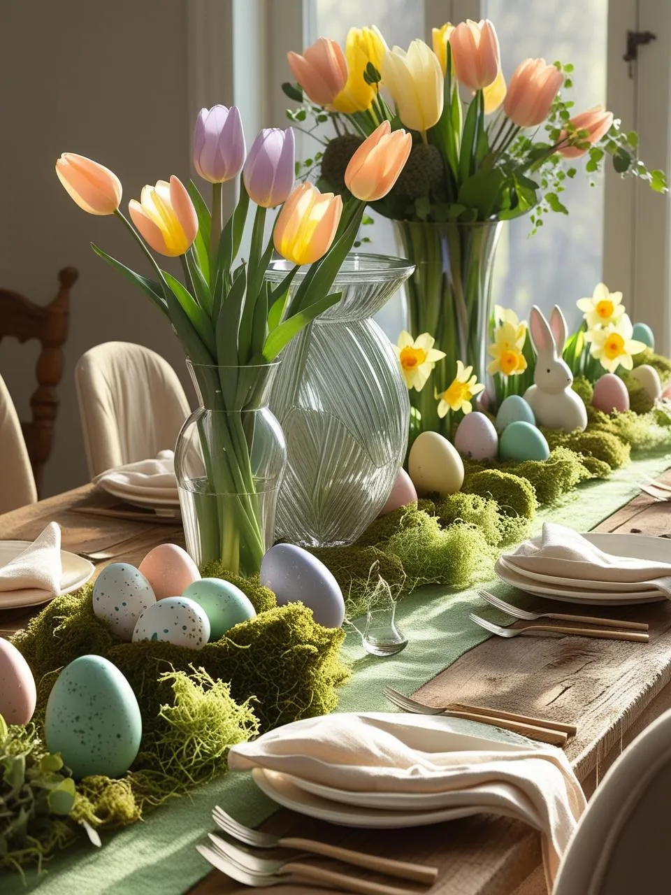 Stunning Easter centerpiece ideas mixing textures like petals, moss, and eggs with varied scales for a rich, layered spring table