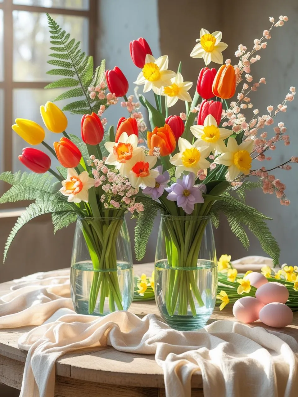 Stunning Easter centerpiece ideas mixing fresh tulips and daffodils with faux greenery for a full, long-lasting spring table display