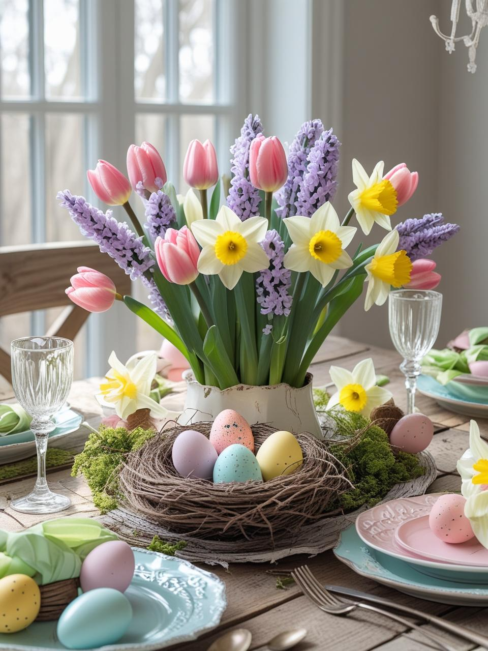 Stunning Easter centerpiece ideas photographed in natural light with pastel flowers and seasonal details for social media sharing