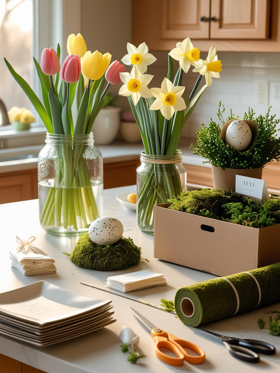 Stunning Easter centerpiece ideas prepped ahead with trimmed flowers, organized faux elements, and ready table decor