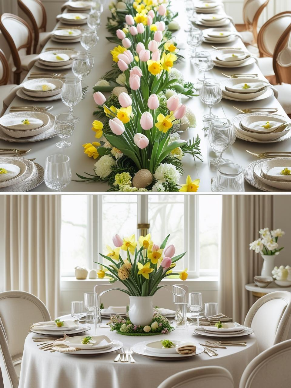 Stunning Easter centerpiece ideas scaled for long tables with low arrangements and small tables with compact floral designs