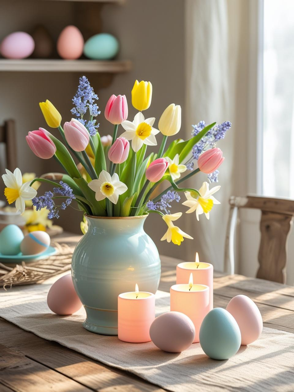 Stunning Easter centerpiece ideas that are safe for kids and pets with sturdy vases, faux eggs, and LED candles